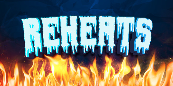 Frozen Reheats text, with heat and fire underneath